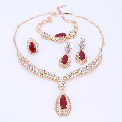 Модни кристални колиета, яка, комплекти бижута за жени, парти аксесоари, африкански мъниста, обеци, гривна, комплекти пръстени, винтидж червено