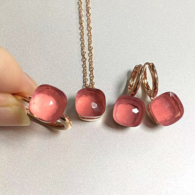 Pomellato 3vnt./rinkinys Moteriški žiedai auskarai karoliai papuošalų rinkinys 34spalvų rožinis krištolo papuošalų rinkinys rožinis auksu padengtas papuošalas