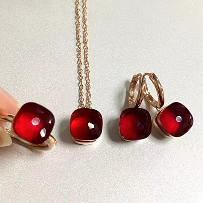 Pomellato 3vnt./rinkinys Moteriški žiedai auskarai karoliai papuošalų rinkinys 34spalvų rožinis krištolo papuošalų rinkinys rožinis auksu padengtas papuošalas