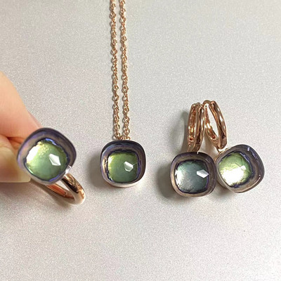 Pomellato 3vnt./rinkinys Moteriški žiedai auskarai karoliai papuošalų rinkinys 34spalvų rožinis krištolo papuošalų rinkinys rožinis auksu padengtas papuošalas