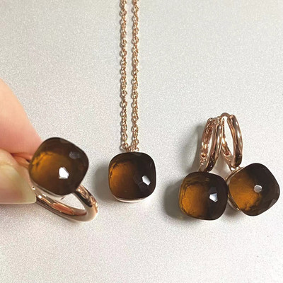 Pomellato 3vnt./rinkinys Moteriški žiedai auskarai karoliai papuošalų rinkinys 34spalvų rožinis krištolo papuošalų rinkinys rožinis auksu padengtas papuošalas