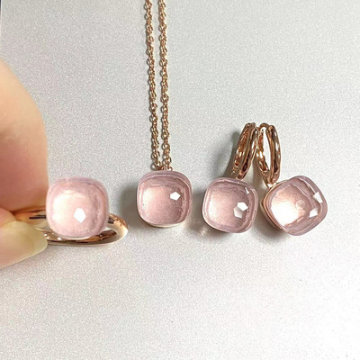 Pomellato 3vnt./rinkinys Moteriški žiedai auskarai karoliai papuošalų rinkinys 34spalvų rožinis krištolo papuošalų rinkinys rožinis auksu padengtas papuošalas