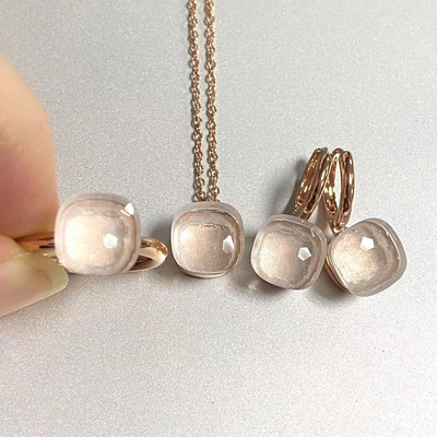 Pomellato 3vnt./rinkinys Moteriški žiedai auskarai karoliai papuošalų rinkinys 34spalvų rožinis krištolo papuošalų rinkinys rožinis auksu padengtas papuošalas