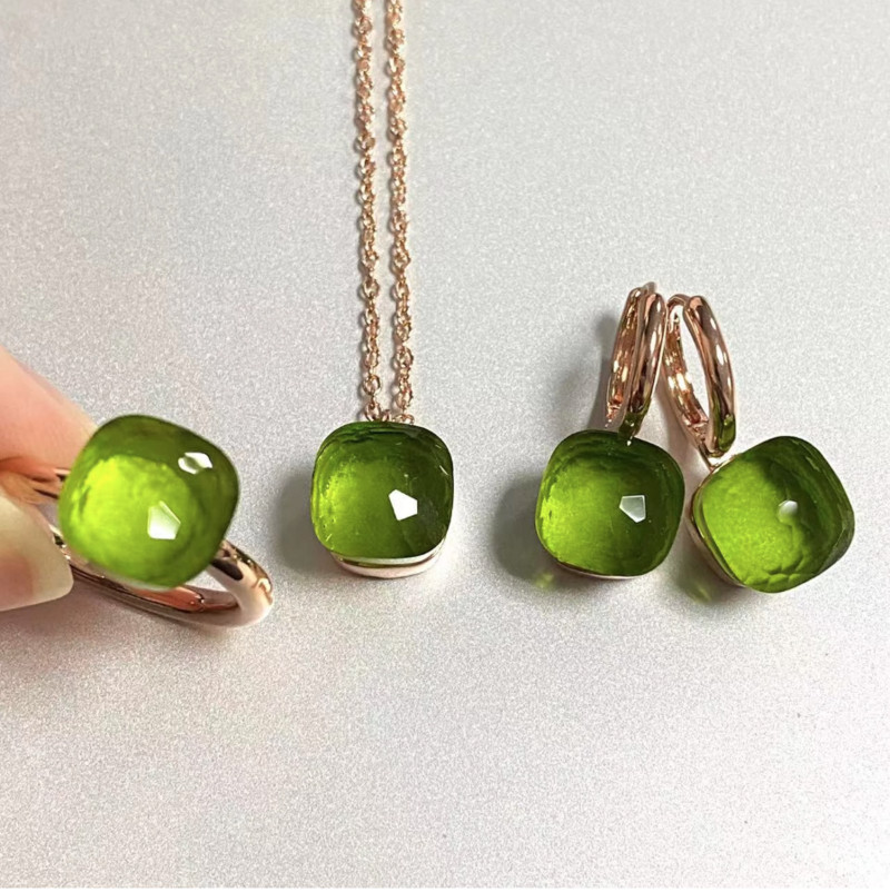 Pomellato 3vnt./rinkinys Moteriški žiedai auskarai karoliai papuošalų rinkinys 34spalvų rožinis krištolo papuošalų rinkinys rožinis auksu padengtas papuošalas