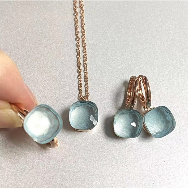 Pomellato 3vnt./rinkinys Moteriški žiedai auskarai karoliai papuošalų rinkinys 34spalvų rožinis krištolo papuošalų rinkinys rožinis auksu padengtas papuošalas