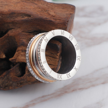 Моден дамски пръстен с римски цифри, трицветна брачна лента от неръждаема стомана, луксозни бижута с кристали, дропшиппинг