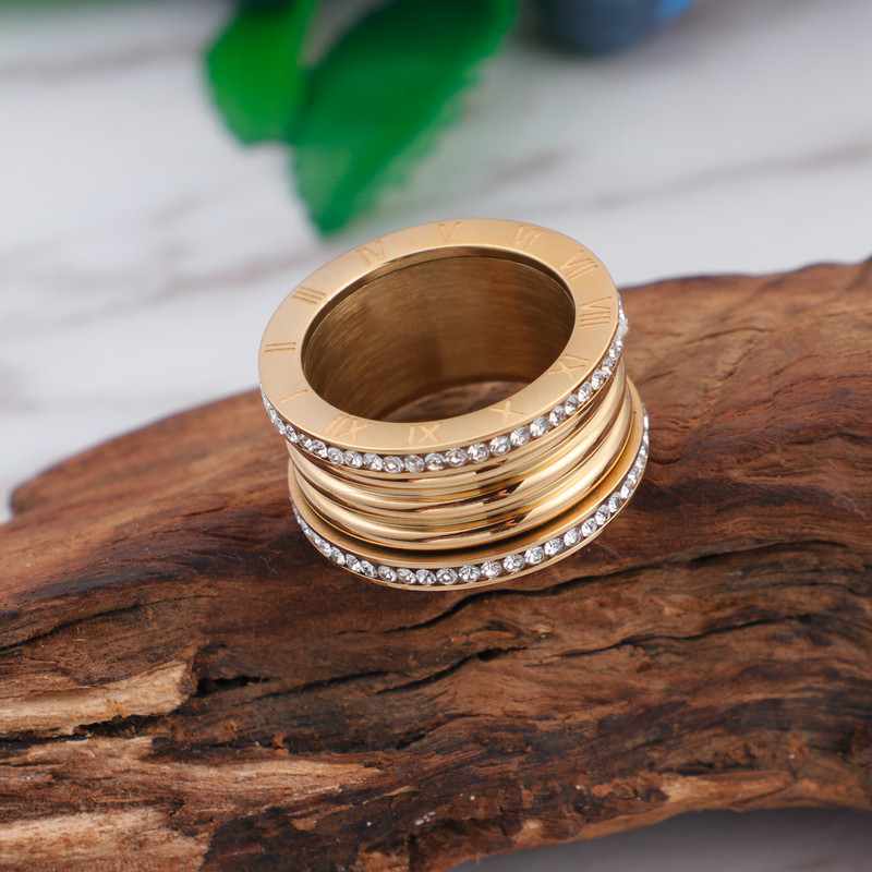 Madingi romėniški skaitmenys moteriški žiedai trispalviai nerūdijančio plieno vestuvinė juosta Prabangi Kalnų krištolinio akmens papuošalų pristatymas