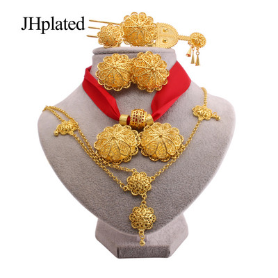 Etiopijos auksu padengti Papuošalų rinkiniai auskarai plaukų segtukai karoliai apyrankės žiedai Afrikos vestuvių dovanos Indija Juodų virvių rinkinys moterims