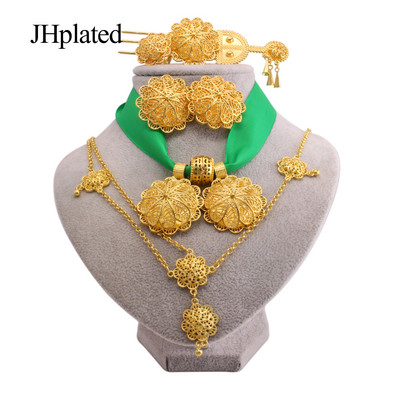 Etiopijos auksu padengti Papuošalų rinkiniai auskarai plaukų segtukai karoliai apyrankės žiedai Afrikos vestuvių dovanos Indija Juodų virvių rinkinys moterims