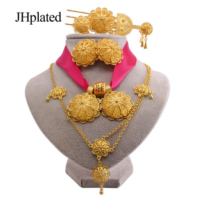 Etiopijos auksu padengti Papuošalų rinkiniai auskarai plaukų segtukai karoliai apyrankės žiedai Afrikos vestuvių dovanos Indija Juodų virvių rinkinys moterims