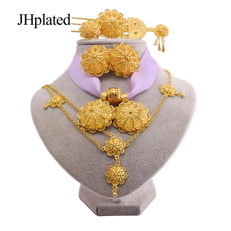 Etiopijos auksu padengti Papuošalų rinkiniai auskarai plaukų segtukai karoliai apyrankės žiedai Afrikos vestuvių dovanos Indija Juodų virvių rinkinys moterims