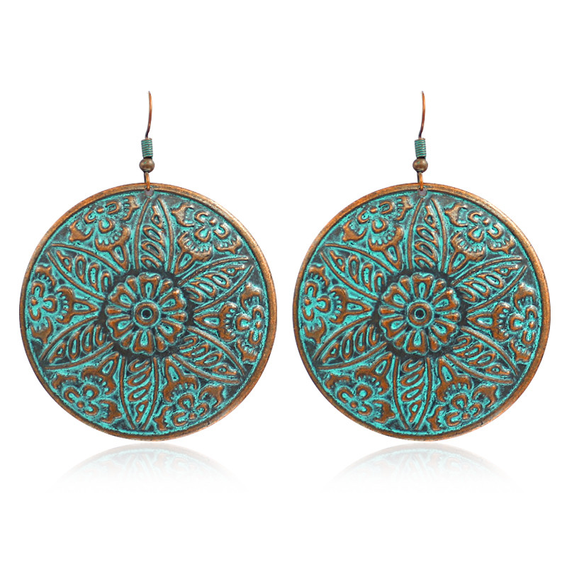 Apvalus raižytas raštas Žiedlapio formos pakabukas Auskarai Etninio stiliaus bronzos antikvariniai gėlių žavesio auskarai moteriški papuošalai