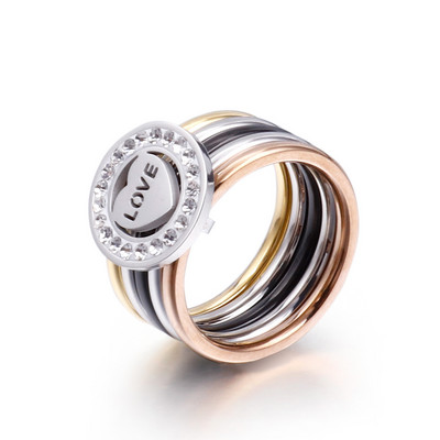 Кръгъл черупков пръстен от неръждаема стомана за жени Моден многоцветен луксозен сватбен пръстен със кристали Аксесоари за бижута със сърце