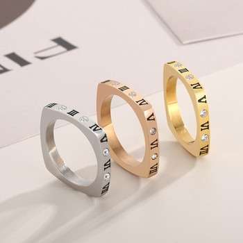 Квадратни пръстени с римски цифри от неръждаема стомана за жени, модна сватбена лента със кристали, златен цвят, луксозни бижута, подарък