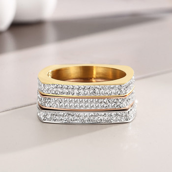Квадратни пръстени с римски цифри от неръждаема стомана за жени, модна сватбена лента със кристали, златен цвят, луксозни бижута, подарък