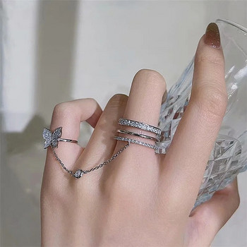 Κορεάτικο Punk Ασημί Χρώμα Κρυστάλλινο Δαχτυλίδια πεταλούδας για Γυναικείες Κορίτσια Μόδα Γεωμετρικά Δαχτυλίδι Φαρδιά Αλυσίδα Δάχτυλο Κοσμήματα Δώρο