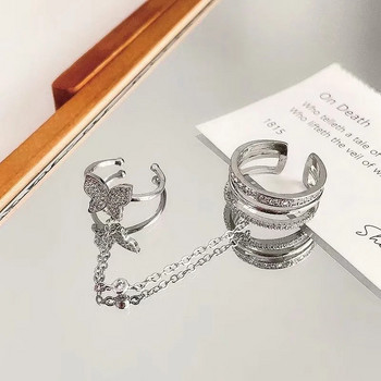 Корейски пънк сребърни кристални пръстени с пеперуди за жени Момичета Модни геометрични широки вериги Пръстени за пръсти Парти бижута Подарък