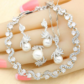 Balto perlo sidabro spalvos vestuvinių papuošalų rinkiniai moterims auskarai karoliai pakabukas žiedas cirkonio apyrankė gimtadienio dovana