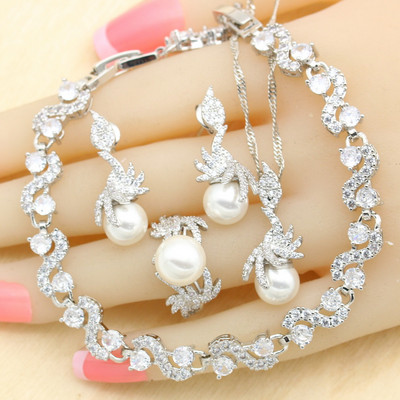 Balto perlo sidabro spalvos vestuvinių papuošalų rinkiniai moterims auskarai karoliai pakabukas žiedas cirkonio apyrankė gimtadienio dovana