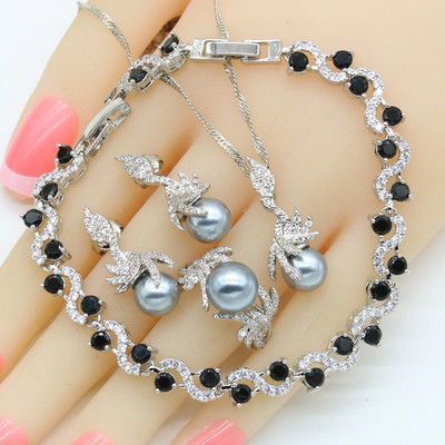 Balto perlo sidabro spalvos vestuvinių papuošalų rinkiniai moterims auskarai karoliai pakabukas žiedas cirkonio apyrankė gimtadienio dovana