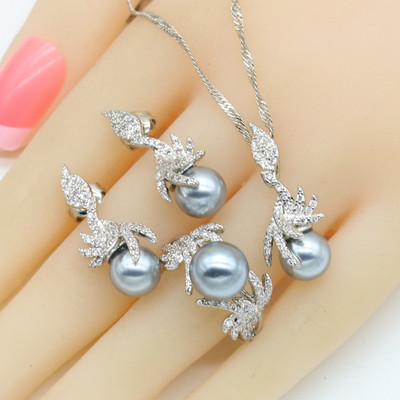 Balto perlo sidabro spalvos vestuvinių papuošalų rinkiniai moterims auskarai karoliai pakabukas žiedas cirkonio apyrankė gimtadienio dovana