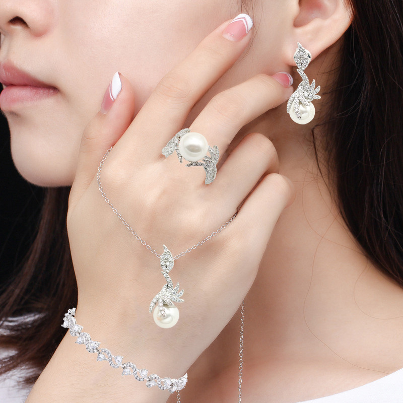 Balto perlo sidabro spalvos vestuvinių papuošalų rinkiniai moterims auskarai karoliai pakabukas žiedas cirkonio apyrankė gimtadienio dovana