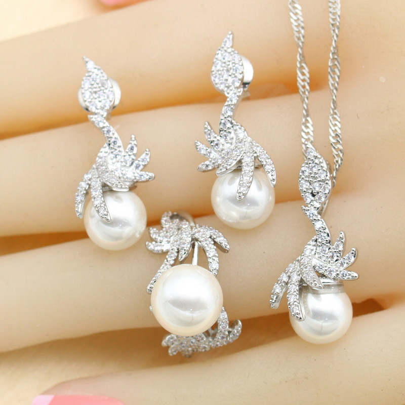 Balto perlo sidabro spalvos vestuvinių papuošalų rinkiniai moterims auskarai karoliai pakabukas žiedas cirkonio apyrankė gimtadienio dovana