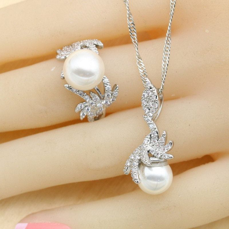 Balto perlo sidabro spalvos vestuvinių papuošalų rinkiniai moterims auskarai karoliai pakabukas žiedas cirkonio apyrankė gimtadienio dovana