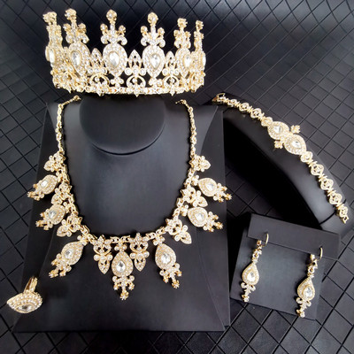 Klasszikus elegáns menyasszonyi kiegészítők török női esküvőhöz kristály strassz korona nyaklánc fülbevaló karkötő gyűrű 5 darab