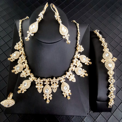 Klasszikus elegáns menyasszonyi kiegészítők török női esküvőhöz kristály strassz korona nyaklánc fülbevaló karkötő gyűrű 5 darab