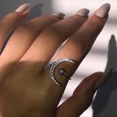 Prsten s mjesečevom zvijezdom od cirkona za žene Podesivi prsten od nehrđajućeg čelika srebrne boje za prste Vjenčani estetski nakit Poklon Bijoux Femme