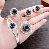 Mieli mėlyno kalnų krištolinio akmens Etiopijos papuošalų rinkiniai pakabukų karoliai / auskarai / žiedas Auksinė plokštelė Afrikos nuotakos vestuvių Eritrėjos rinkinys