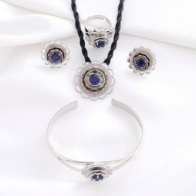 Mieli mėlyno kalnų krištolinio akmens Etiopijos papuošalų rinkiniai pakabukų karoliai / auskarai / žiedas Auksinė plokštelė Afrikos nuotakos vestuvių Eritrėjos rinkinys