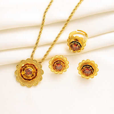 Mieli mėlyno kalnų krištolinio akmens Etiopijos papuošalų rinkiniai pakabukų karoliai / auskarai / žiedas Auksinė plokštelė Afrikos nuotakos vestuvių Eritrėjos rinkinys