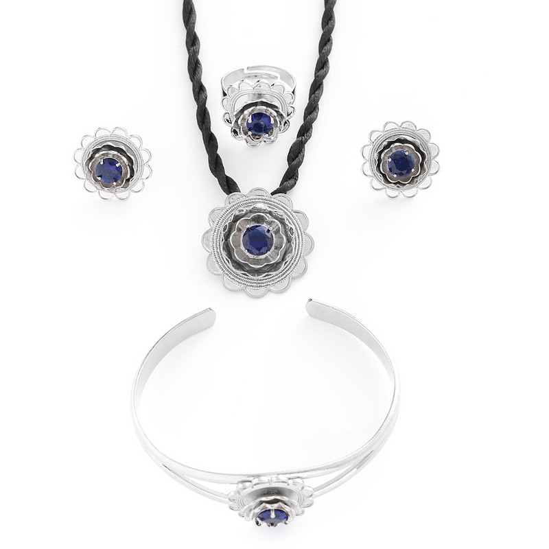 Mieli mėlyno kalnų krištolinio akmens Etiopijos papuošalų rinkiniai pakabukų karoliai / auskarai / žiedas Auksinė plokštelė Afrikos nuotakos vestuvių Eritrėjos rinkinys