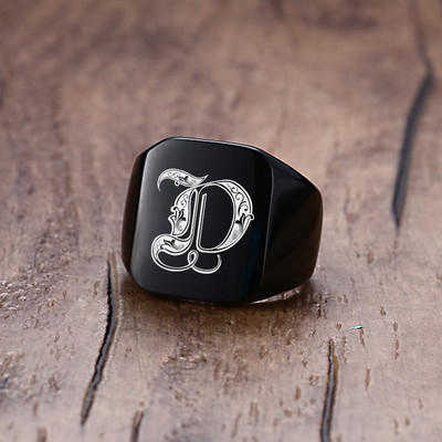 Vnox 18mm stambus žiedas su antspaudu vyrams juodas nerūdijančio plieno graviruotas karališkosios raidės pradinis antspaudo žiedas pagal užsakymą pagamintas papuošalas