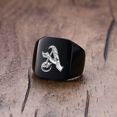 Vnox 18mm stambus žiedas su antspaudu vyrams juodas nerūdijančio plieno graviruotas karališkosios raidės pradinis antspaudo žiedas pagal užsakymą pagamintas papuošalas