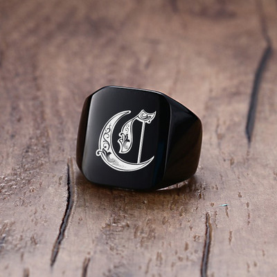 Vnox 18mm stambus žiedas su antspaudu vyrams juodas nerūdijančio plieno graviruotas karališkosios raidės pradinis antspaudo žiedas pagal užsakymą pagamintas papuošalas