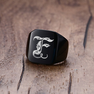 Vnox 18mm stambus žiedas su antspaudu vyrams juodas nerūdijančio plieno graviruotas karališkosios raidės pradinis antspaudo žiedas pagal užsakymą pagamintas papuošalas