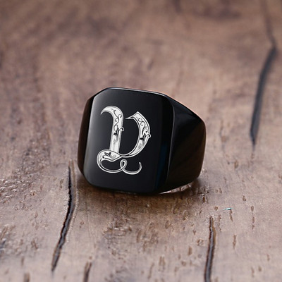 Vnox 18mm stambus žiedas su antspaudu vyrams juodas nerūdijančio plieno graviruotas karališkosios raidės pradinis antspaudo žiedas pagal užsakymą pagamintas papuošalas