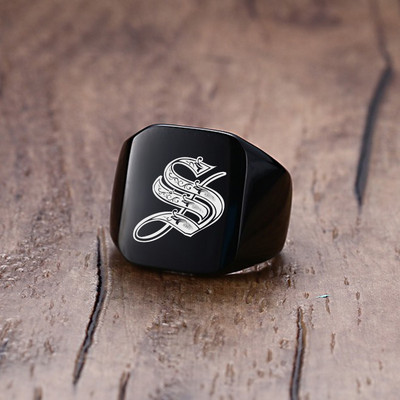 Vnox 18mm stambus žiedas su antspaudu vyrams juodas nerūdijančio plieno graviruotas karališkosios raidės pradinis antspaudo žiedas pagal užsakymą pagamintas papuošalas