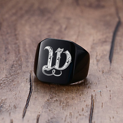 Vnox 18mm stambus žiedas su antspaudu vyrams juodas nerūdijančio plieno graviruotas karališkosios raidės pradinis antspaudo žiedas pagal užsakymą pagamintas papuošalas