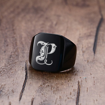 Vnox 18mm stambus žiedas su antspaudu vyrams juodas nerūdijančio plieno graviruotas karališkosios raidės pradinis antspaudo žiedas pagal užsakymą pagamintas papuošalas
