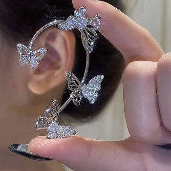 Модни златисто-сребърни цветни обеци с пеперуди за жени Блестящи обеци с щипка за уши от кристал Циркон Сватбени бижута Аксесоари