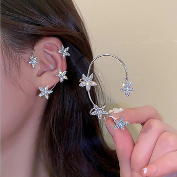 Модни златисто-сребърни цветни обеци с пеперуди за жени Блестящи обеци с щипка за уши от кристал Циркон Сватбени бижута Аксесоари
