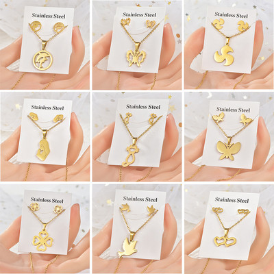 20 rinkinys / partija Madingas prabangus nerūdijančio plieno širdis drugelis pakabukas grandinės karoliai auskarai su smeigtukais moterims vakarėlių madingų papuošalų rinkinys