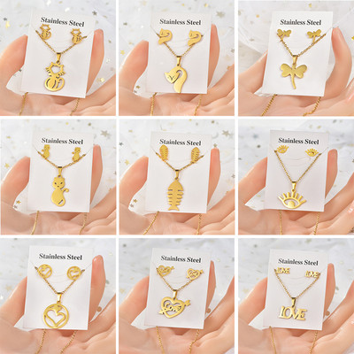 20 rinkinys / partija Madingas prabangus nerūdijančio plieno širdis drugelis pakabukas grandinės karoliai auskarai su smeigtukais moterims vakarėlių madingų papuošalų rinkinys