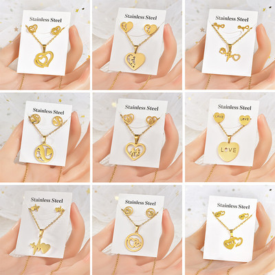 20 rinkinys / partija Madingas prabangus nerūdijančio plieno širdis drugelis pakabukas grandinės karoliai auskarai su smeigtukais moterims vakarėlių madingų papuošalų rinkinys