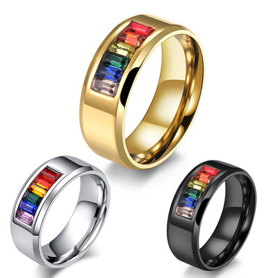 Нов моден женски великолепен кристален пръстен с цвят на дъгата Мъжки летни цветни бижута Титанов пръстен за жени и мъже