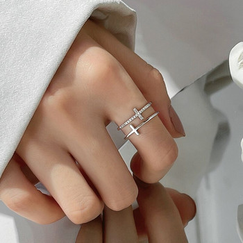 Модни двуслойни кръстосани подреждащи се кубични циркониеви сребърни цветни регулируеми пръстени за пръсти за жени Bling Корейски бижута
